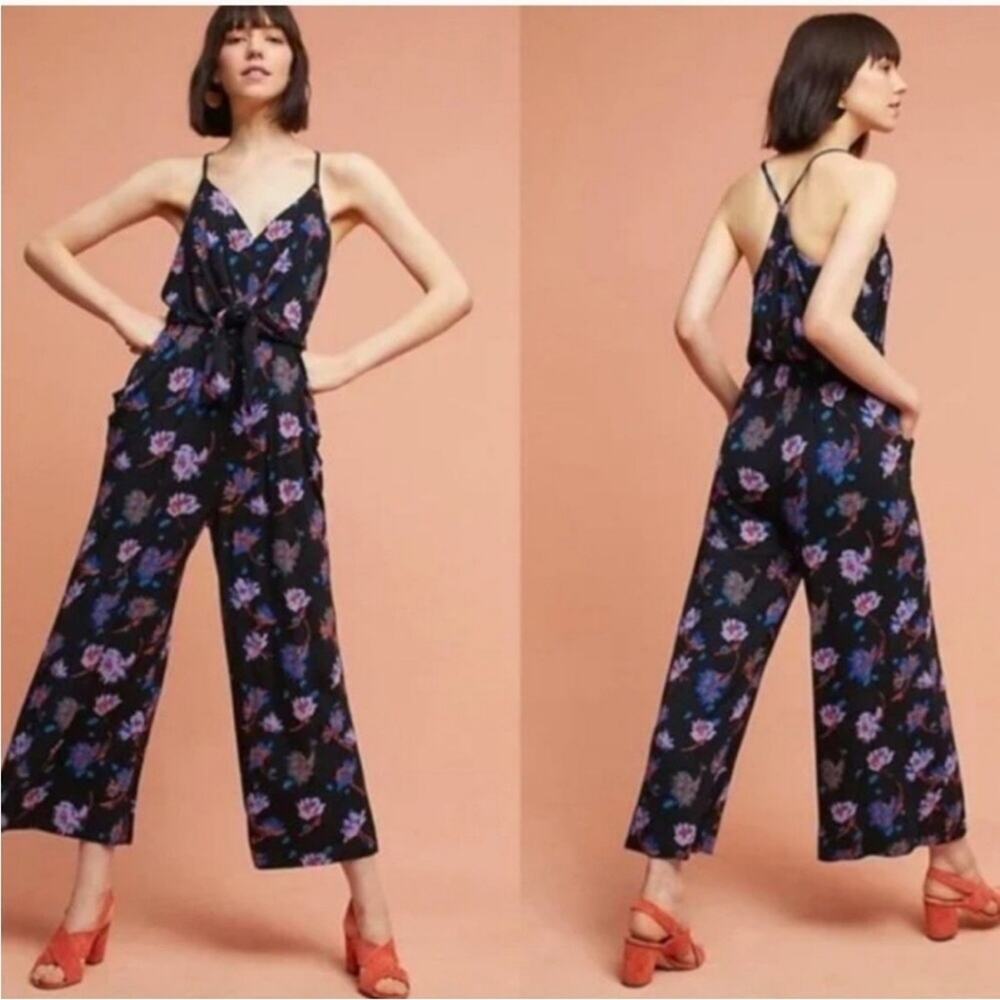 Anthropologie Moulinette Sours Willa black purple floral jumpsuit Extra Small XS